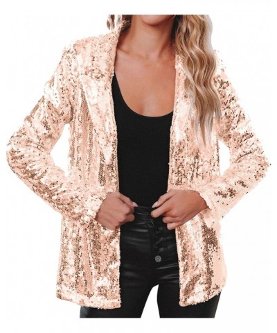 Womens Sequin Blazer Jacket Open Front Long Sleeve Sparkly Glitter Party Cardigan Coat Champagne $20.15 Blazers