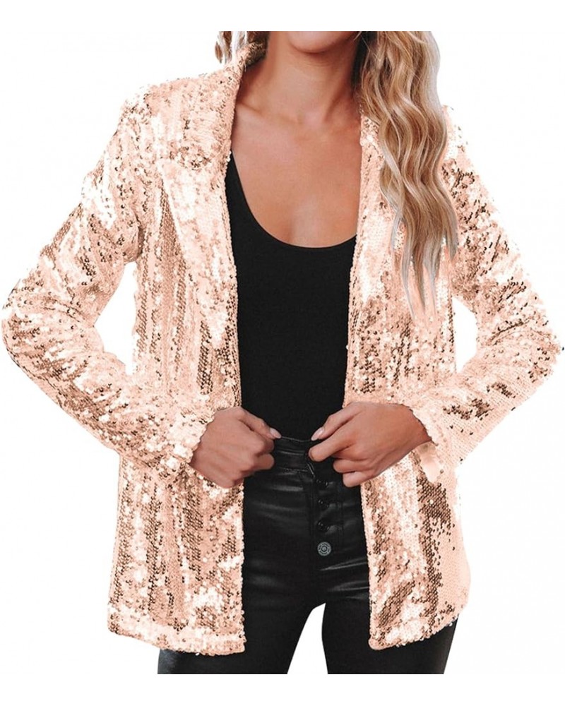 Womens Sequin Blazer Jacket Open Front Long Sleeve Sparkly Glitter Party Cardigan Coat Champagne $20.15 Blazers