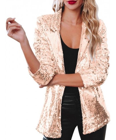 Womens Sequin Blazer Jacket Open Front Long Sleeve Sparkly Glitter Party Cardigan Coat Champagne $20.15 Blazers