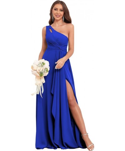 Chiffon One Shoulder Bridesmaid Dresses for Women Wedding 2024 Long Ruffles Formal Evening Party Dress with Slit Royal Blue $...