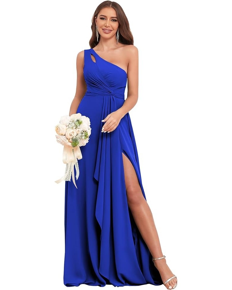 Chiffon One Shoulder Bridesmaid Dresses for Women Wedding 2024 Long Ruffles Formal Evening Party Dress with Slit Royal Blue $...