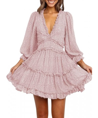 Womens Fashion Spring Summer Deep V Neck Long Sleeve Ruffle Layer A-Line Swing Mini Dress Floral Pink $19.74 Dresses