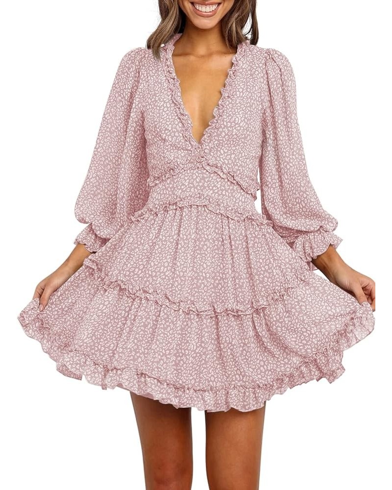 Womens Fashion Spring Summer Deep V Neck Long Sleeve Ruffle Layer A-Line Swing Mini Dress Floral Pink $19.74 Dresses