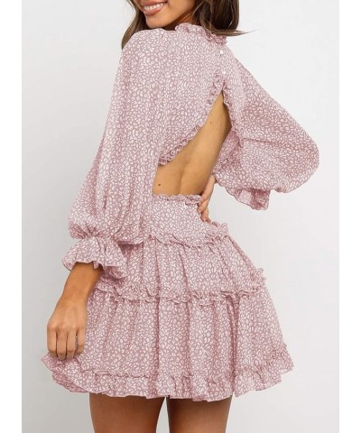 Womens Fashion Spring Summer Deep V Neck Long Sleeve Ruffle Layer A-Line Swing Mini Dress Floral Pink $19.74 Dresses