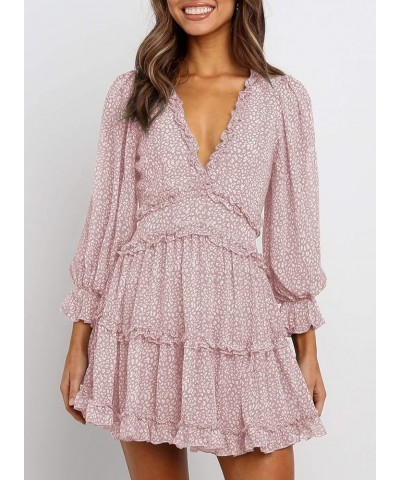 Womens Fashion Spring Summer Deep V Neck Long Sleeve Ruffle Layer A-Line Swing Mini Dress Floral Pink $19.74 Dresses