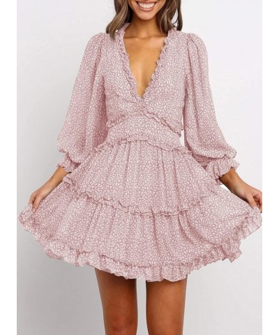 Womens Fashion Spring Summer Deep V Neck Long Sleeve Ruffle Layer A-Line Swing Mini Dress Floral Pink $19.74 Dresses