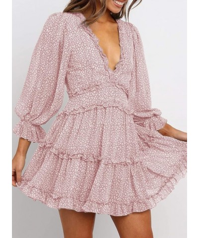 Womens Fashion Spring Summer Deep V Neck Long Sleeve Ruffle Layer A-Line Swing Mini Dress Floral Pink $19.74 Dresses