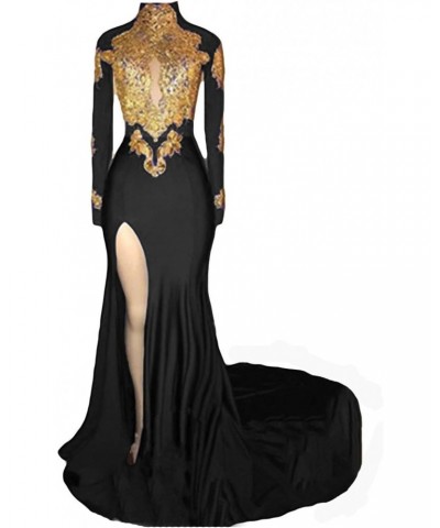 Women's High Neck Black Mermaid Evening Dresses Lace Appliques Prom Dresses with Long Sleeves Black1 6 $52.49 Dresses