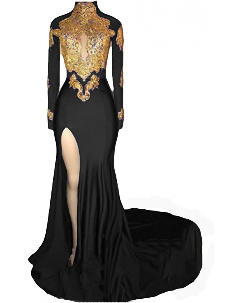 Women's High Neck Black Mermaid Evening Dresses Lace Appliques Prom Dresses with Long Sleeves Black1 6 $52.49 Dresses