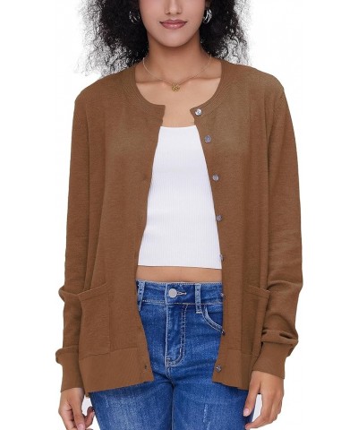 Women's Casual Open Front Button Long Sleeve Knit Pocket Lightweight Cardigan Brown $14.00 Sweaters