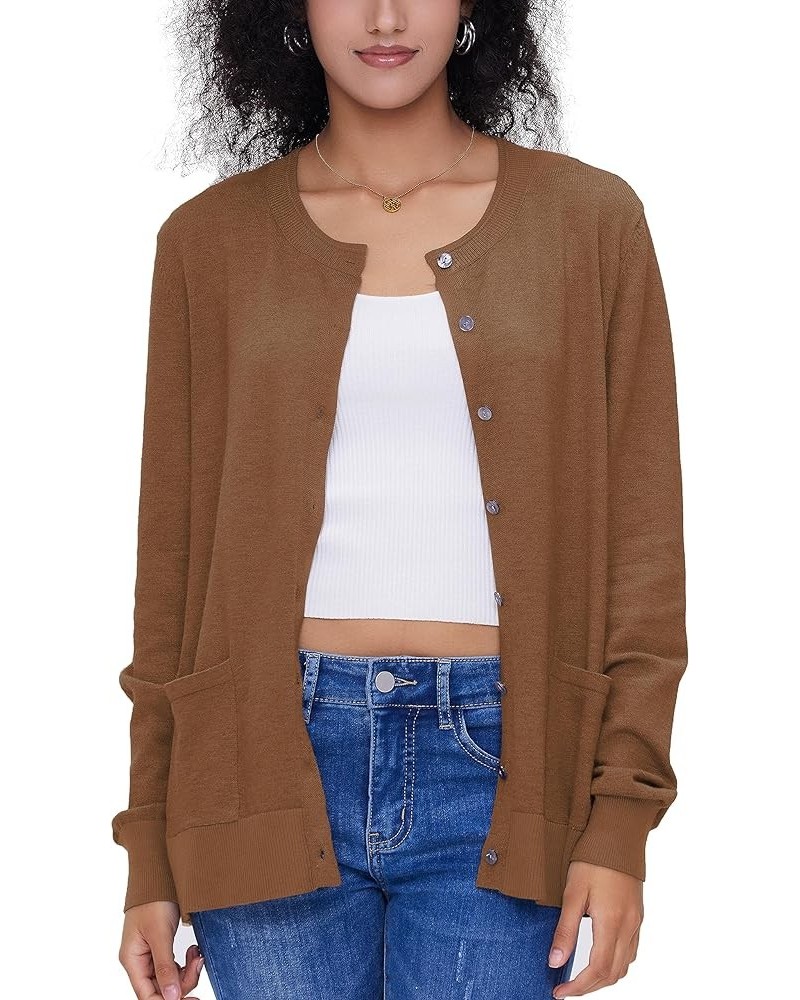 Women's Casual Open Front Button Long Sleeve Knit Pocket Lightweight Cardigan Brown $14.00 Sweaters