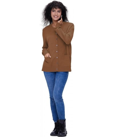 Women's Casual Open Front Button Long Sleeve Knit Pocket Lightweight Cardigan Brown $14.00 Sweaters