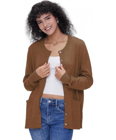 Women's Casual Open Front Button Long Sleeve Knit Pocket Lightweight Cardigan Brown $14.00 Sweaters