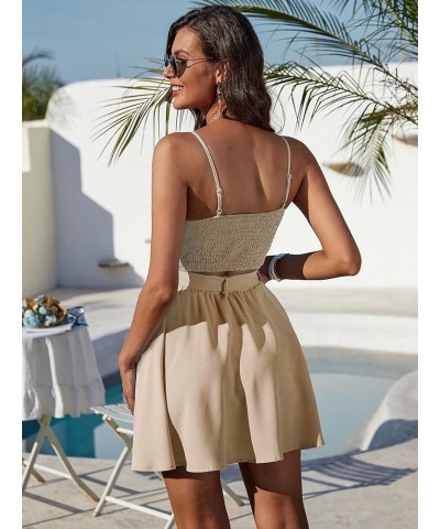 Women's 2 Piece Outfits Crop Shirred Cami Top and High Waist Belted Flare Skater Skirt Set Tracksuits Khaki $10.59 Suits