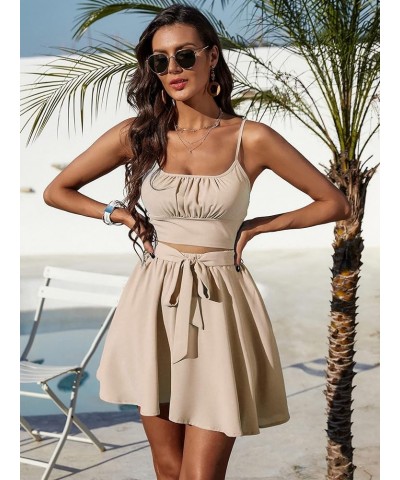 Women's 2 Piece Outfits Crop Shirred Cami Top and High Waist Belted Flare Skater Skirt Set Tracksuits Khaki $10.59 Suits