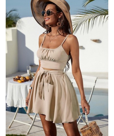 Women's 2 Piece Outfits Crop Shirred Cami Top and High Waist Belted Flare Skater Skirt Set Tracksuits Khaki $10.59 Suits