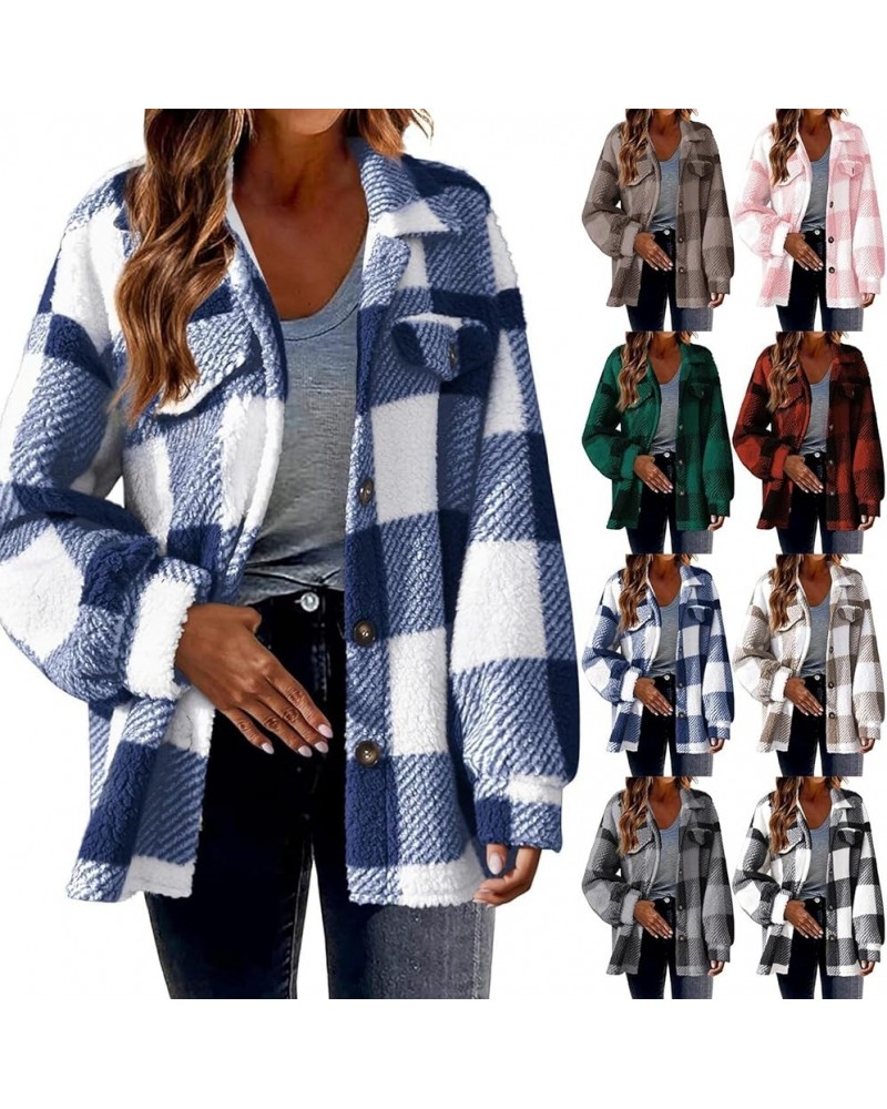 Women's Long Sleeve 2023 Plaid Shacket Flannel Jacket Casual Boyfriend Button Down Shirts Winter Coats Trendy Outwear Blue $1...