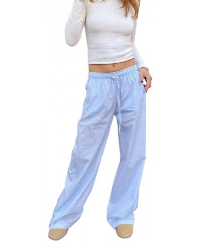 Womens Striped Lounge Pants Y2K Loose Drawstring Elastic Waist Wide Leg Straight Long Pants with Pockets Streetwear Blue $8.0...