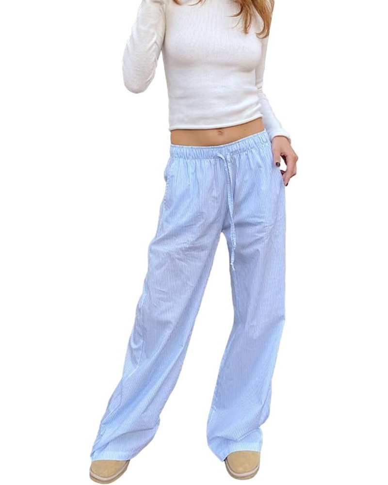 Womens Striped Lounge Pants Y2K Loose Drawstring Elastic Waist Wide Leg Straight Long Pants with Pockets Streetwear Blue $8.0...