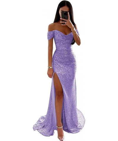 Sequin Prom Dresses for Women Off Shoulder Long Ball Gown with Slit Formal Evening Party Dress Lavender $30.72 Dresses