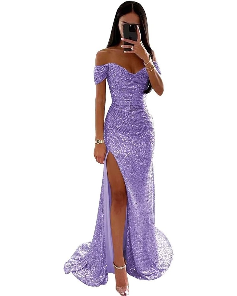 Sequin Prom Dresses for Women Off Shoulder Long Ball Gown with Slit Formal Evening Party Dress Lavender $30.72 Dresses