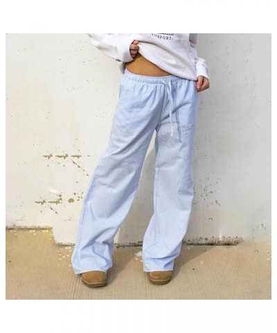 Womens Striped Lounge Pants Y2K Loose Drawstring Elastic Waist Wide Leg Straight Long Pants with Pockets Streetwear Blue $8.0...