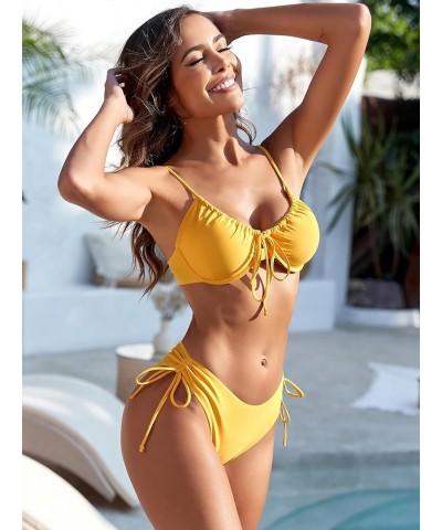 Women's 2 Piece Tie Front Bikini Set Underwire Swimsuit Lace Up Back Cheeky Bathing Suit 0468-yellow $15.29 Swimsuits