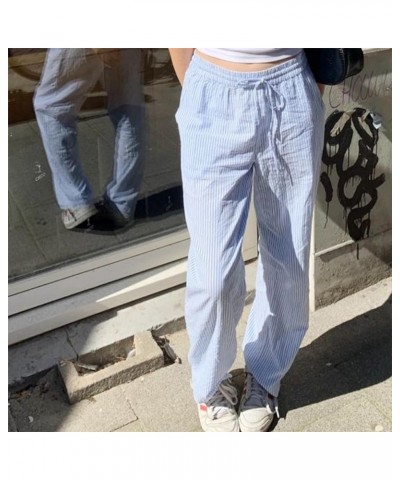 Womens Striped Lounge Pants Y2K Loose Drawstring Elastic Waist Wide Leg Straight Long Pants with Pockets Streetwear Blue $8.0...