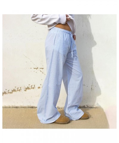 Womens Striped Lounge Pants Y2K Loose Drawstring Elastic Waist Wide Leg Straight Long Pants with Pockets Streetwear Blue $8.0...