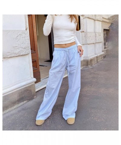 Womens Striped Lounge Pants Y2K Loose Drawstring Elastic Waist Wide Leg Straight Long Pants with Pockets Streetwear Blue $8.0...