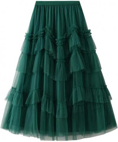 Womens Elastic High Waist Tutu Tulle Tiered Skirt Sweet Layered Ruffles Mesh Midi Fairy Skirts with Lined E-deepgreen $17.06 ...