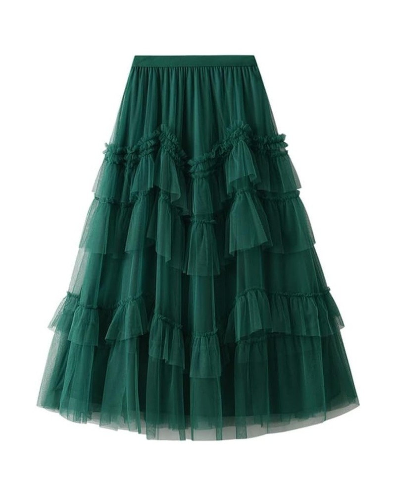 Womens Elastic High Waist Tutu Tulle Tiered Skirt Sweet Layered Ruffles Mesh Midi Fairy Skirts with Lined E-deepgreen $17.06 ...