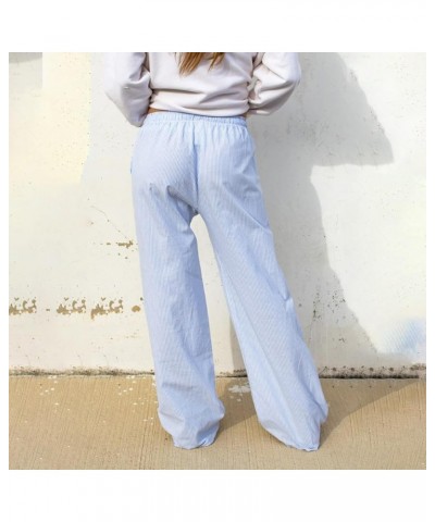 Womens Striped Lounge Pants Y2K Loose Drawstring Elastic Waist Wide Leg Straight Long Pants with Pockets Streetwear Blue $8.0...