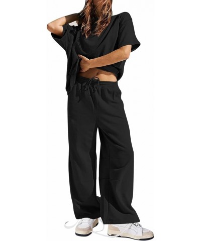 Women 2 Piece Outfit 2024 Summer Short Sleeve Crewneck Sweatshirt Matching Wide Leg Pant Sweatsuit Black $20.21 Activewear