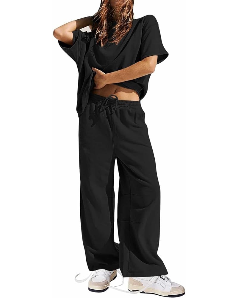 Women 2 Piece Outfit 2024 Summer Short Sleeve Crewneck Sweatshirt Matching Wide Leg Pant Sweatsuit Black $20.21 Activewear