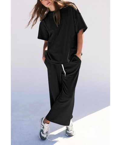 Women 2 Piece Outfit 2024 Summer Short Sleeve Crewneck Sweatshirt Matching Wide Leg Pant Sweatsuit Black $20.21 Activewear