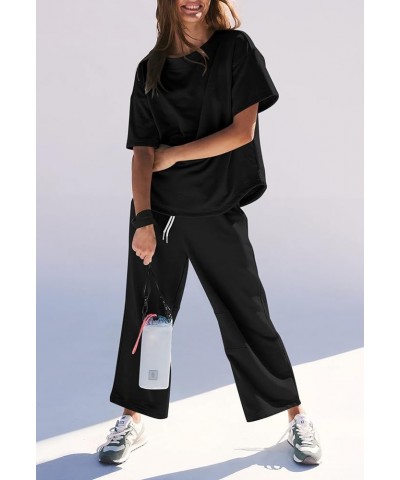 Women 2 Piece Outfit 2024 Summer Short Sleeve Crewneck Sweatshirt Matching Wide Leg Pant Sweatsuit Black $20.21 Activewear