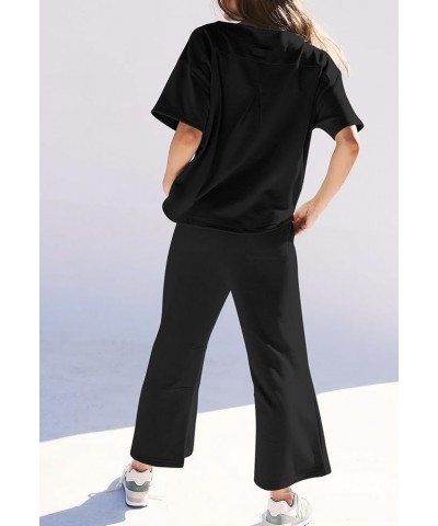 Women 2 Piece Outfit 2024 Summer Short Sleeve Crewneck Sweatshirt Matching Wide Leg Pant Sweatsuit Black $20.21 Activewear