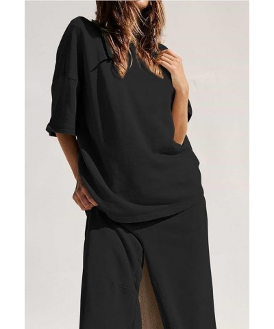 Women 2 Piece Outfit 2024 Summer Short Sleeve Crewneck Sweatshirt Matching Wide Leg Pant Sweatsuit Black $20.21 Activewear