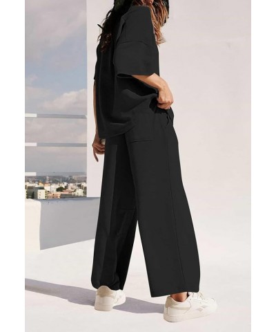 Women 2 Piece Outfit 2024 Summer Short Sleeve Crewneck Sweatshirt Matching Wide Leg Pant Sweatsuit Black $20.21 Activewear