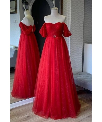 Glitter Tulle Prom Dresses Off The Shoulder Sweetheart Puffy Long Evening Gowns for Women 2023 Orange $41.80 Dresses