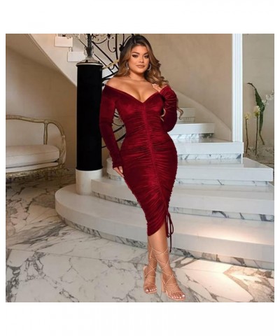 Sexy V Neck Off Shoulder Maxi Dress for Women Long Formal Party Bodycon Ruched Evening Midi Dresses Wine $12.97 Dresses