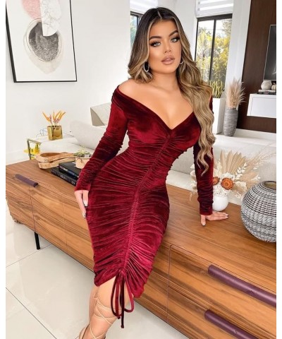 Sexy V Neck Off Shoulder Maxi Dress for Women Long Formal Party Bodycon Ruched Evening Midi Dresses Wine $12.97 Dresses