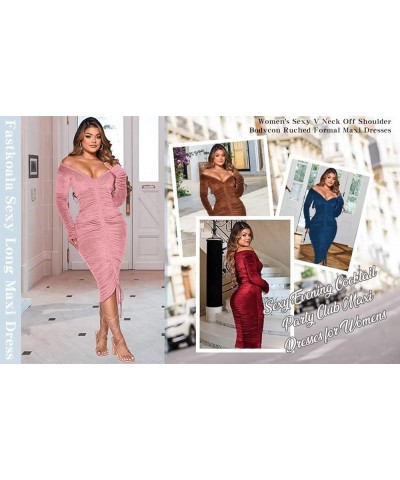 Sexy V Neck Off Shoulder Maxi Dress for Women Long Formal Party Bodycon Ruched Evening Midi Dresses Wine $12.97 Dresses