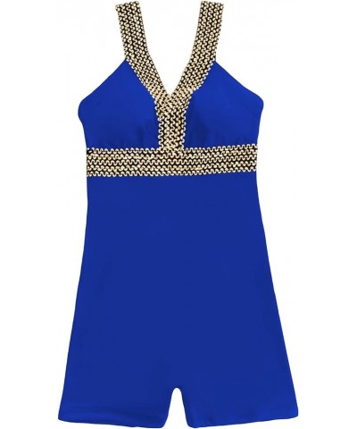 Women's Contrast Trim Deep V Neck Cut Out One Piece Swimsuit Shorts Bathing Suit Royal Blue $18.35 Swimsuits