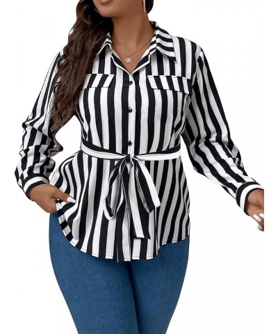 Women's Plus Size Long Sleeve Striped Print Blouse Button Front Belted Shirt Black and White $18.55 Blouses