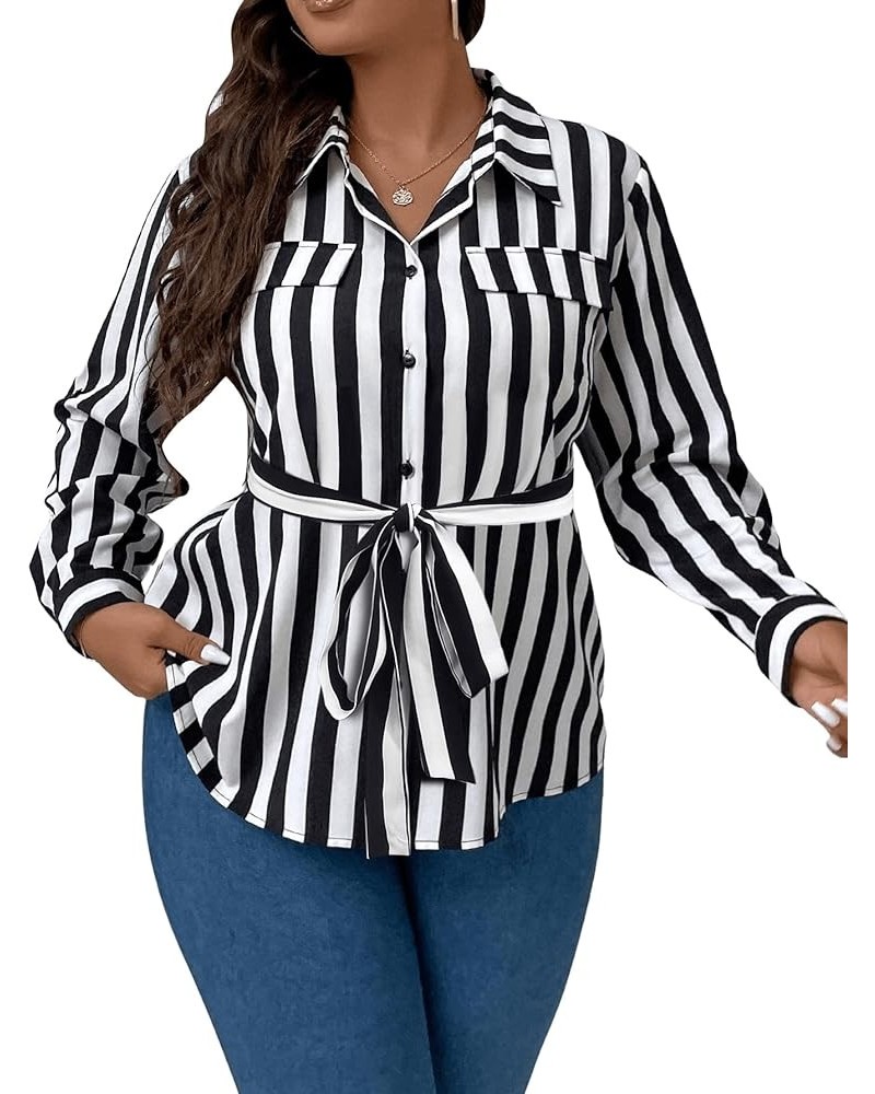 Women's Plus Size Long Sleeve Striped Print Blouse Button Front Belted Shirt Black and White $18.55 Blouses