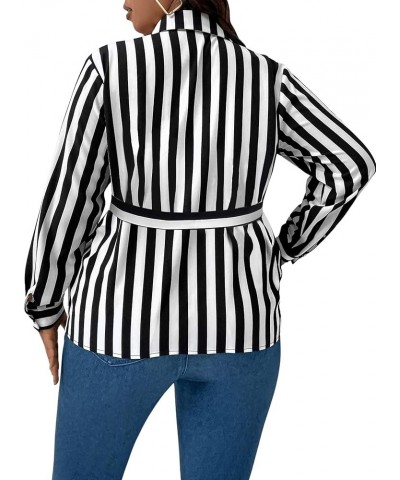 Women's Plus Size Long Sleeve Striped Print Blouse Button Front Belted Shirt Black and White $18.55 Blouses