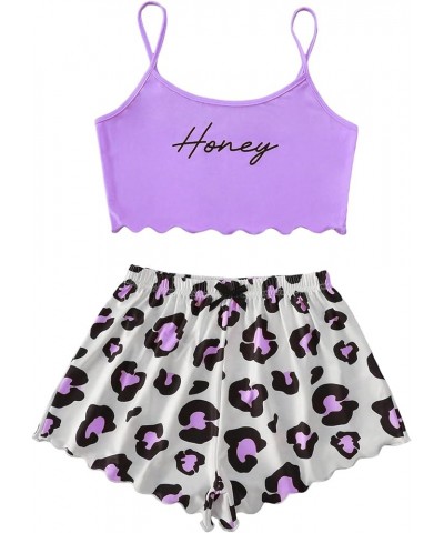 Women's Cartoon Print Lettuce Trim Cami Top and Shorts Cute Pajama Set Sleepwear Purple and White Print $9.86 Sleep & Lounge