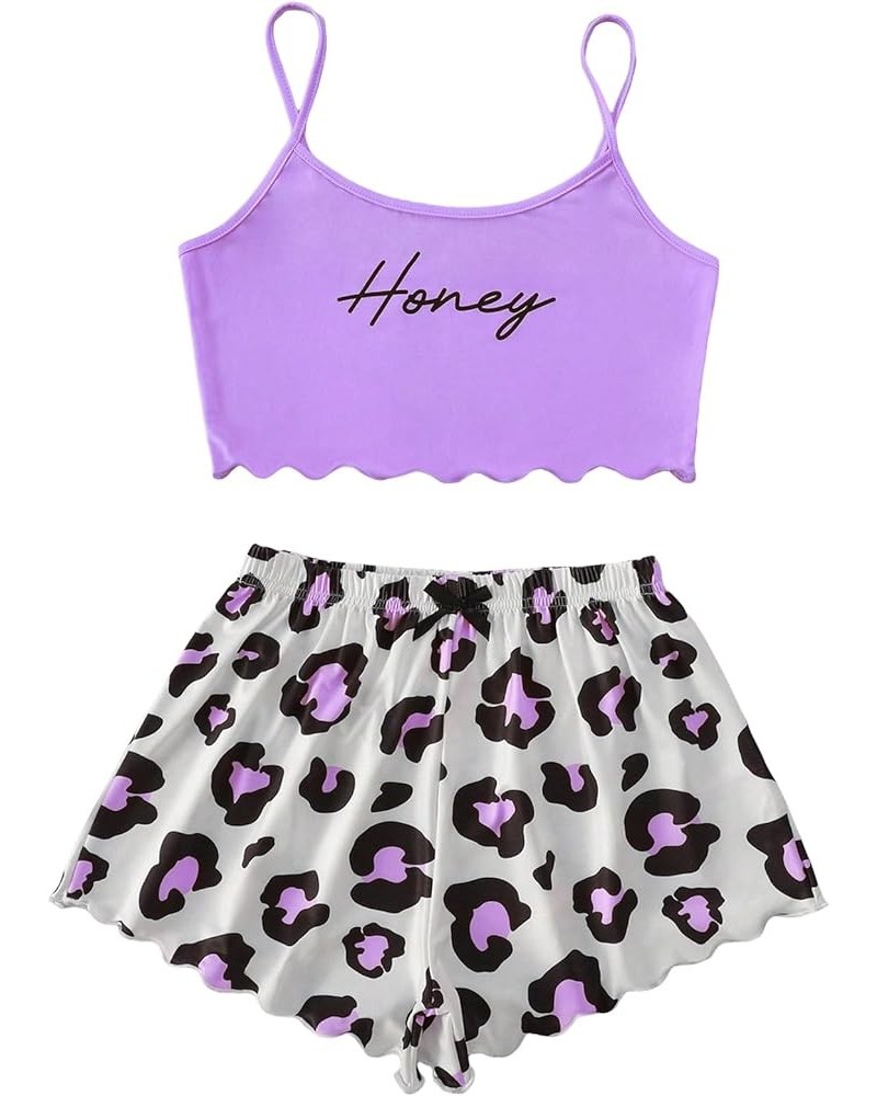 Women's Cartoon Print Lettuce Trim Cami Top and Shorts Cute Pajama Set Sleepwear Purple and White Print $9.86 Sleep & Lounge